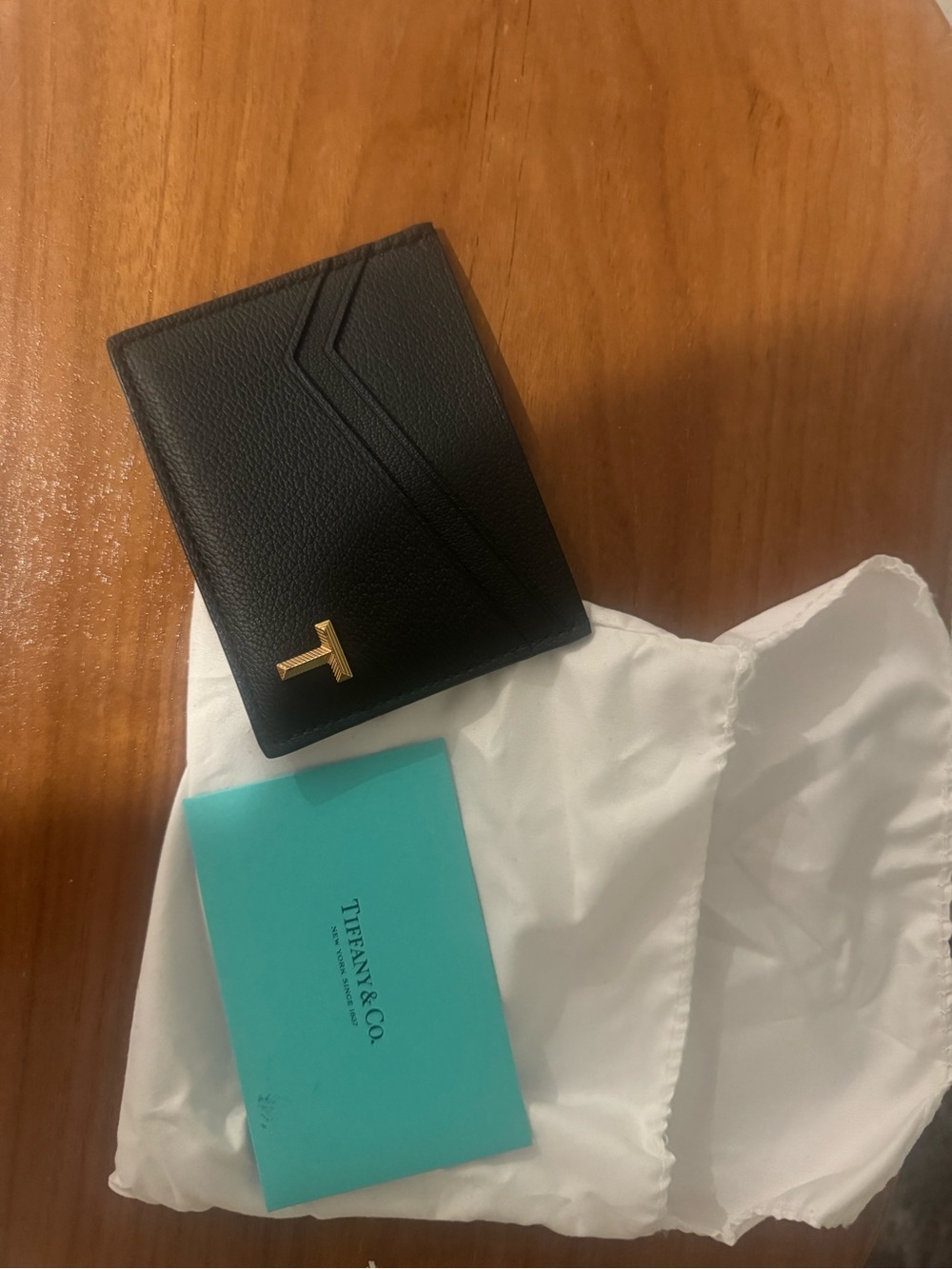 Tiffany & Co. Black Leather Card Holder with Gold 'T' Emblem
